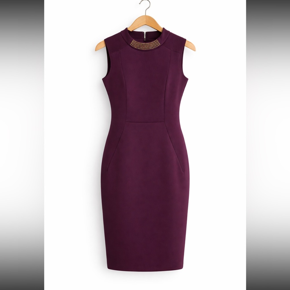 Calvin Klein Deep Purple Midi Dress with Gold Accents Neckline S 6